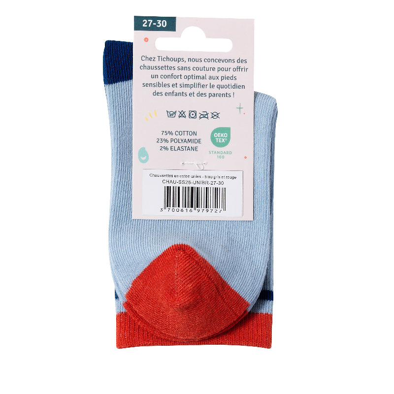 Chaussettes sans couture unies bleu gris avec détails rouge vue du packaging arrière cartonné.