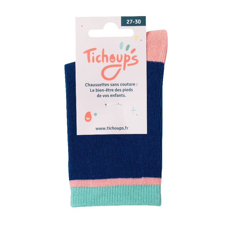 Packaging avant chaussettes sans couture bleu marine et vert.