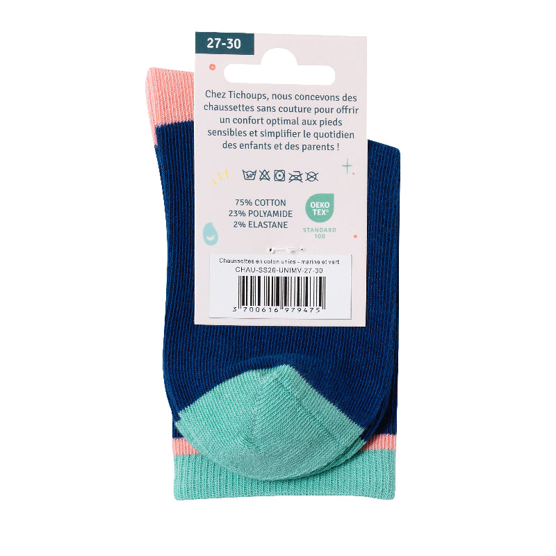 Chaussettes sans couture bleu marine et vert vue du packaging arrière.