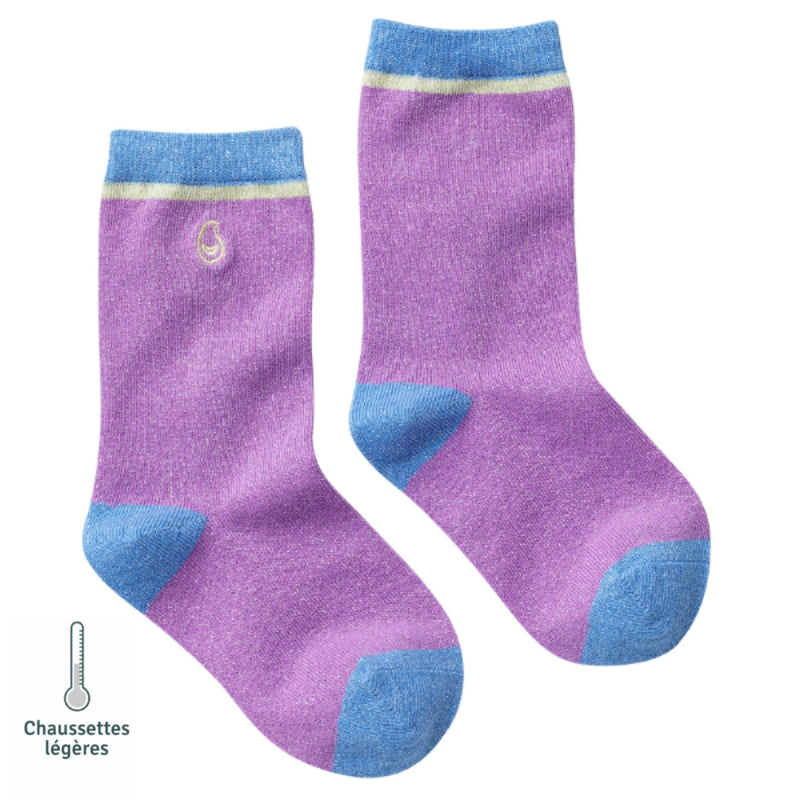 Vue de profil des chaussettes sans couture unies paillettes mauve et bleu