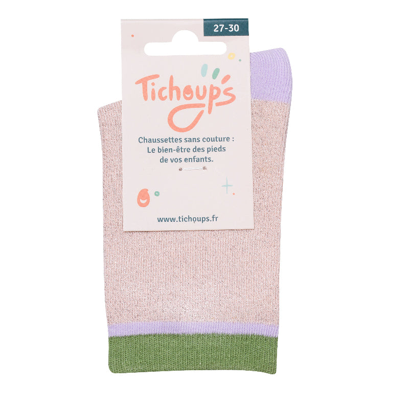 Photo du packaging avant des chaussettes sans couture  unies paillettes rose pale et vert .