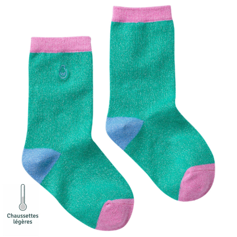 Chaussettes unies paillettes enfant rose et vert vue de profil