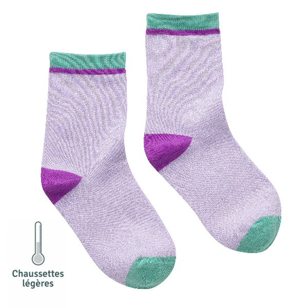 Photo des chaussettes sans couture paillettes violet et vert vue de profil.