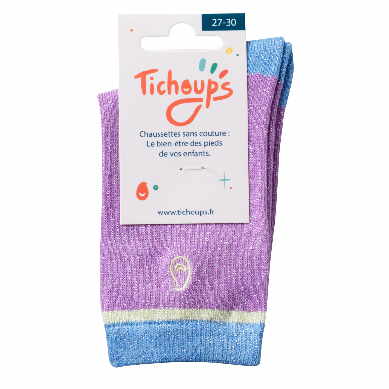 chaussettes sans couture unies paillettes mauve et bleu et le packaging vue de face