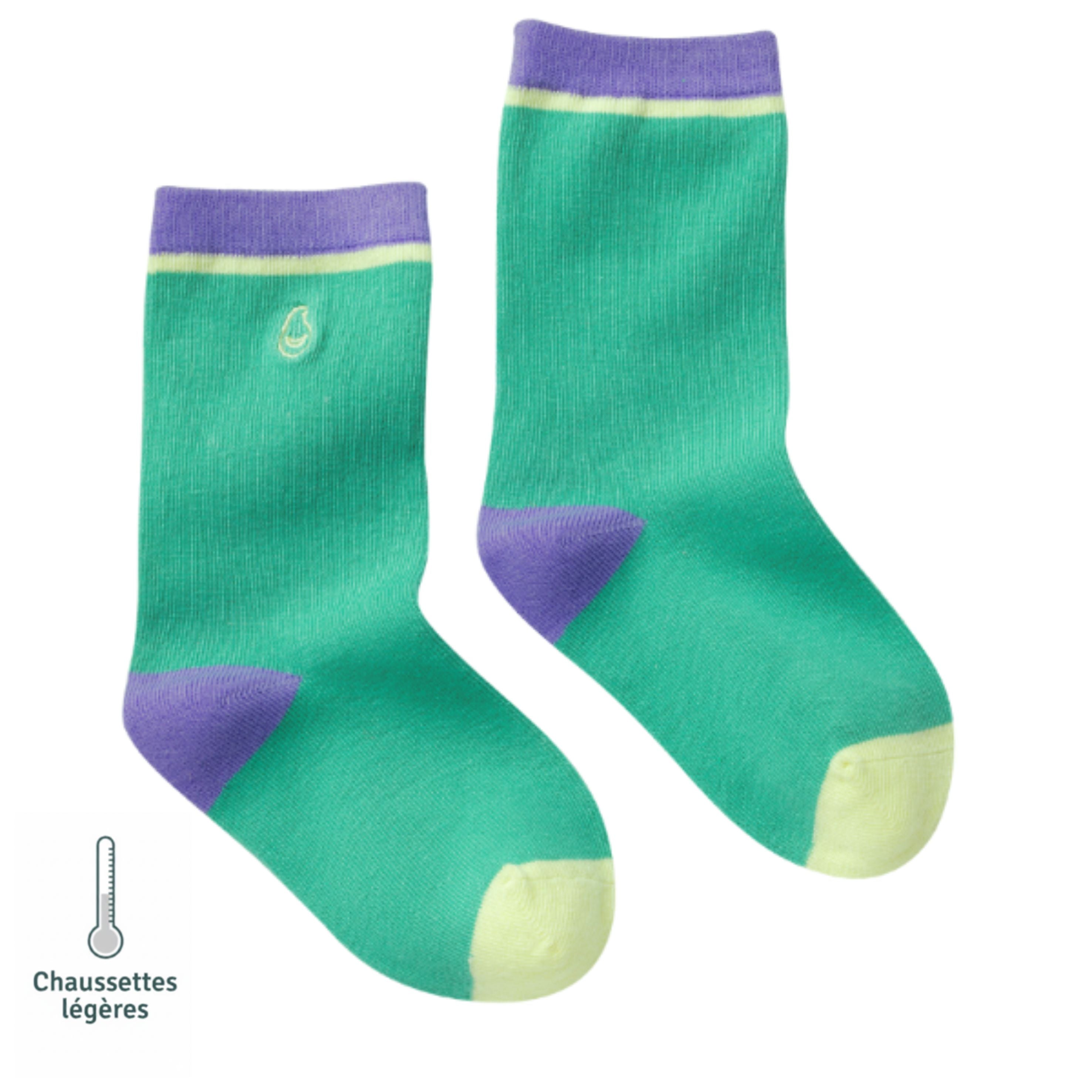Paire de chaussettes sans couture enfant unies vert et violet vue de côté