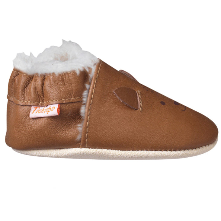 Chausson fourrés marron  enfant tête de renard en cuir souple vue de profil