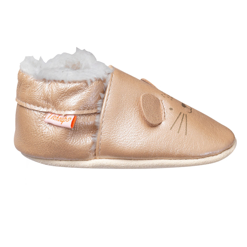 Chaussons  fourrés en cuir souple enfant tête de souris vue de profil