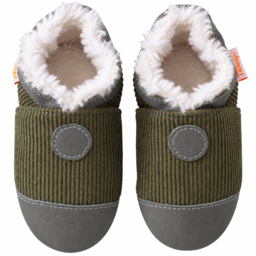 Chaussons enfant cuir souple fourre velours kaki vue de face