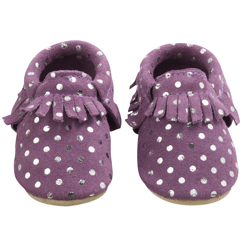 chaussons-bebe-cuir-souple-franges-mauve-pois-face