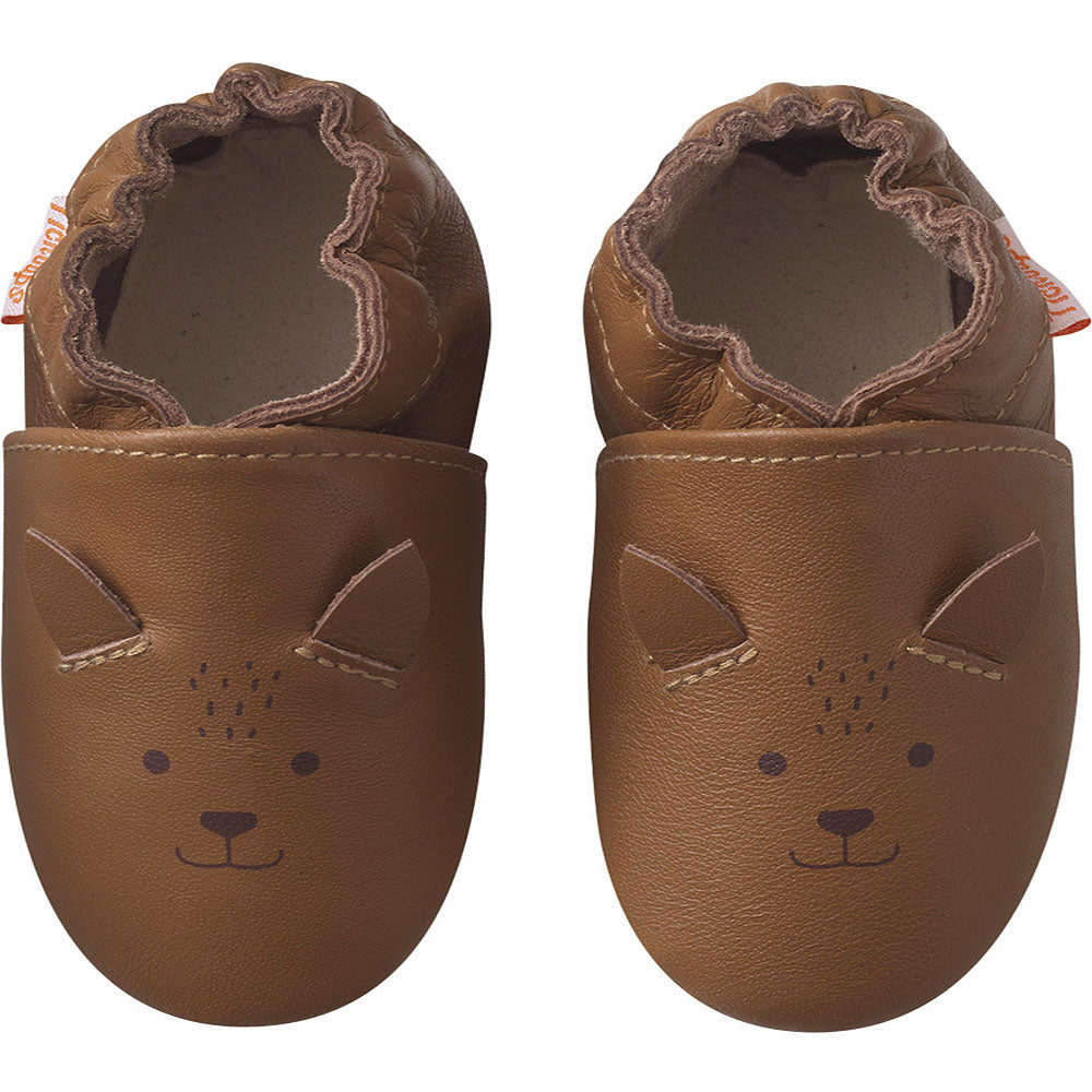 chausson en cuir souple marron bebe avec tête de renard vue de face