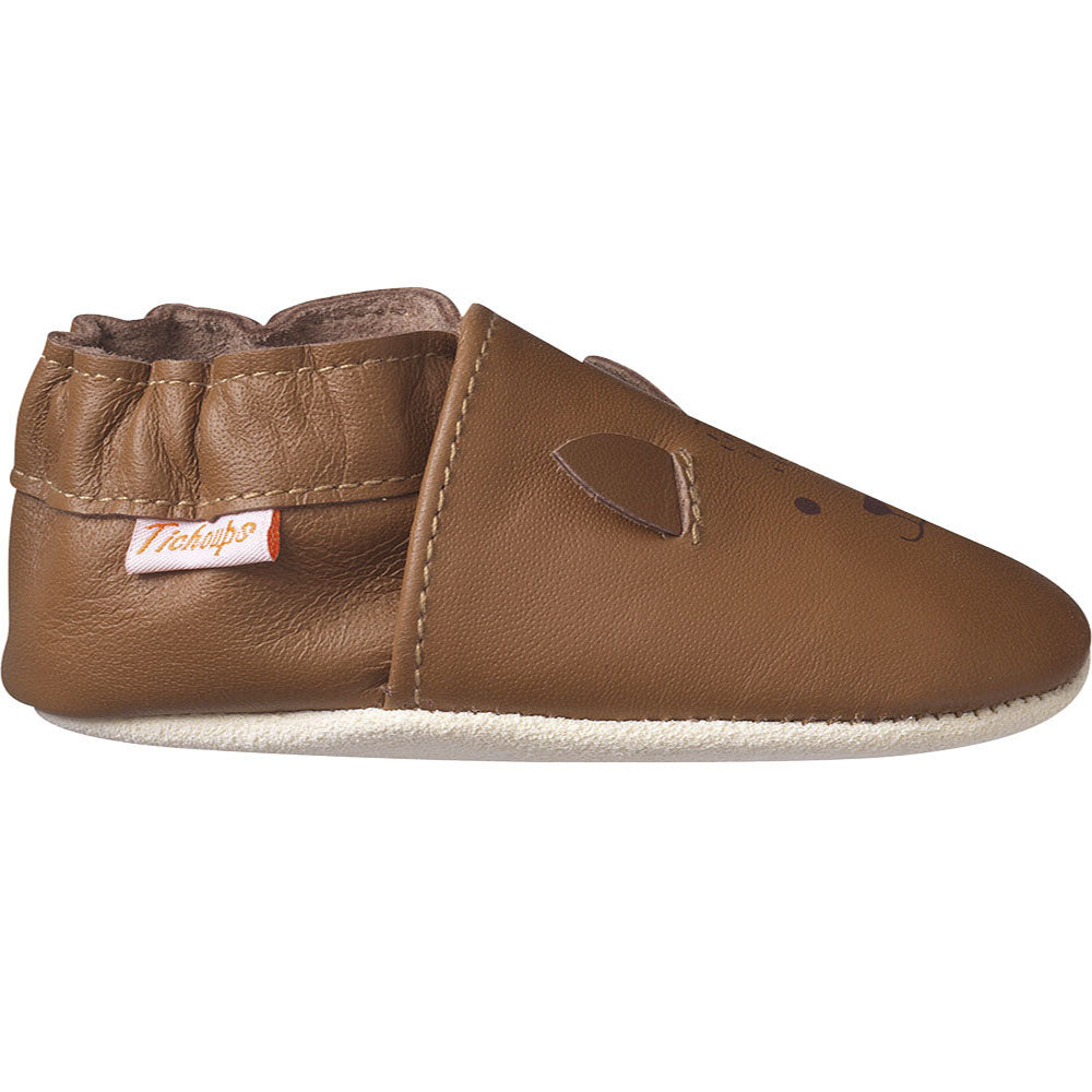 chausson bebe tête de renard marron en cuir vue de profil