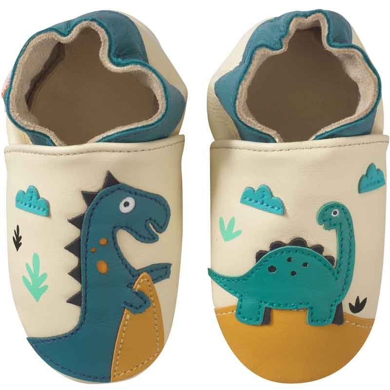 Chaussons cuir souple enfant Theodore et Isaure les dinosaures vue de face