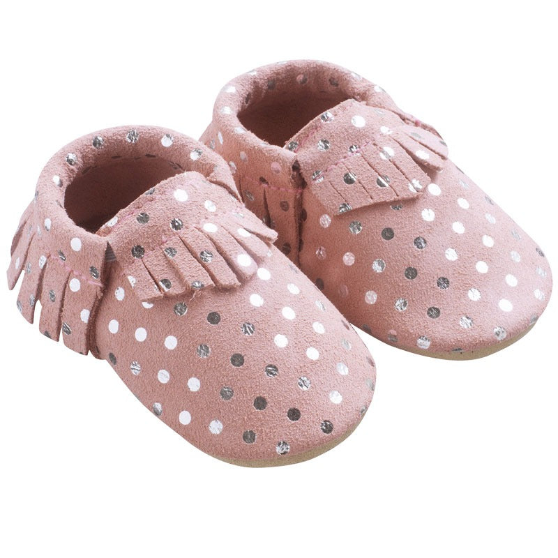 chaussons-bebe-cuir-souple-franges-rose-pois-profil