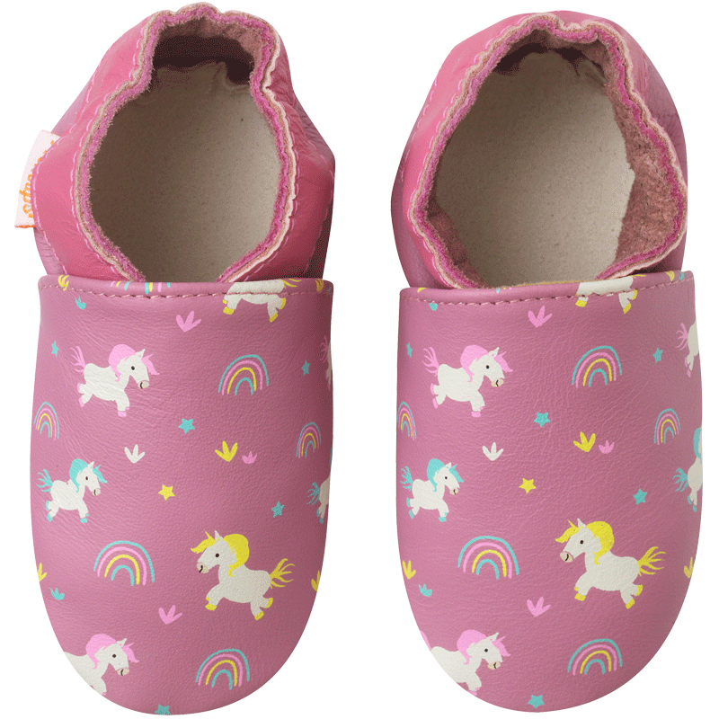 chaussons cuir souple enfant licorne rose