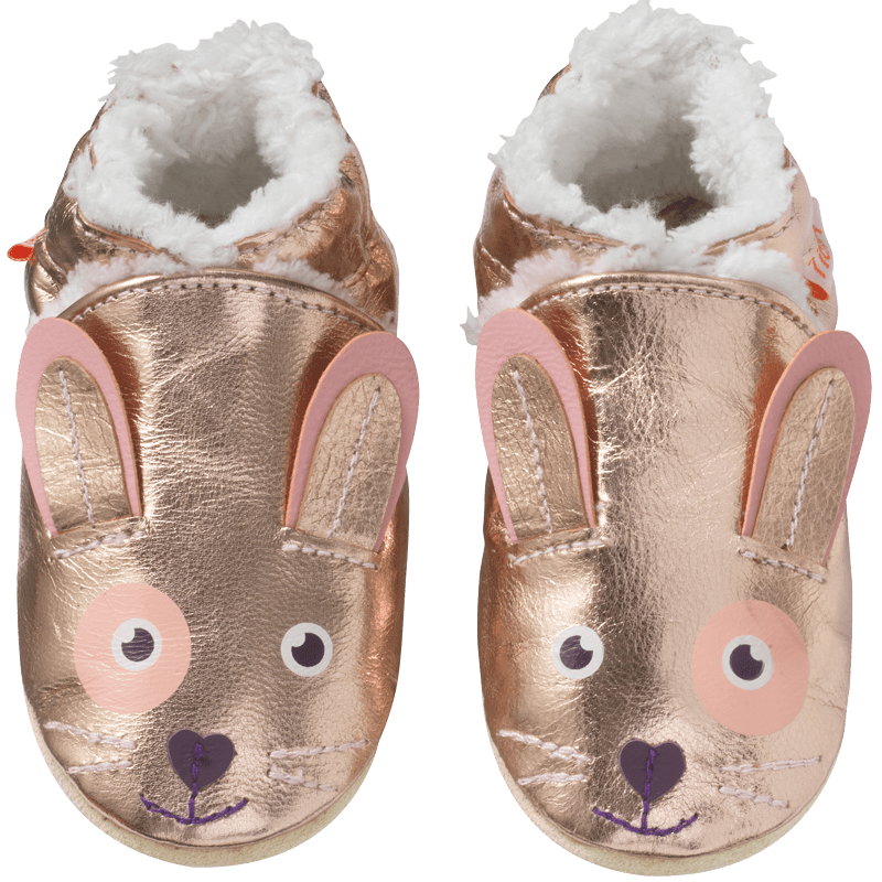 Chaussons fourrés en cuir souple bébé coloris rose métallique avec des têtes de lapin