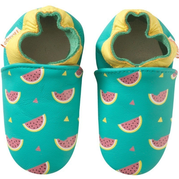 Photo des chaussons enfant cuir souple Carla les pastèques vue de face.
