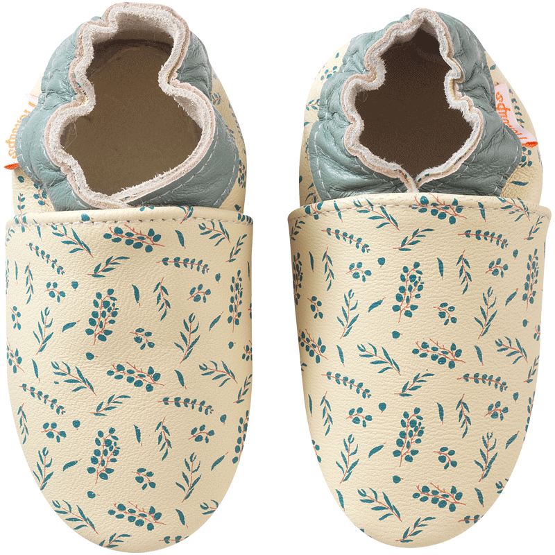 chaussons cuir souple bebe imprimé eucalyptus vue de face