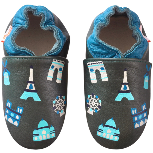 Photo des chaussons cuir souple enfant Jimmy à Paris vue de face.
