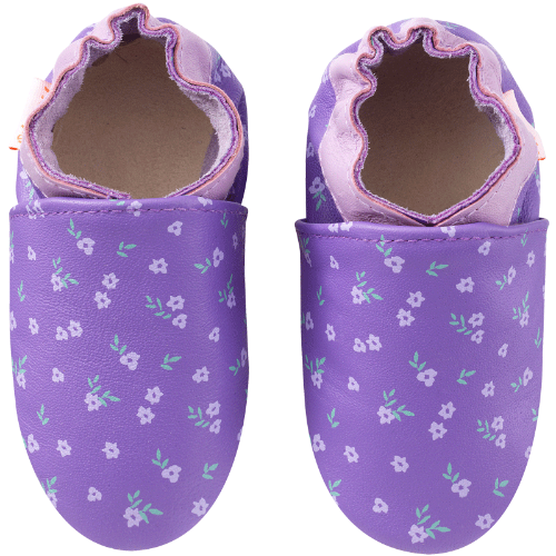 Chaussons coloris violet en cuir souple pour enfant avec imprimé fleuri