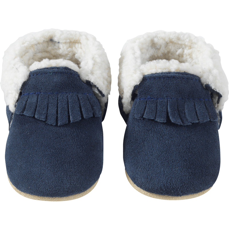 chaussons cuir fourrés enfants bleu marine à franges vue de face