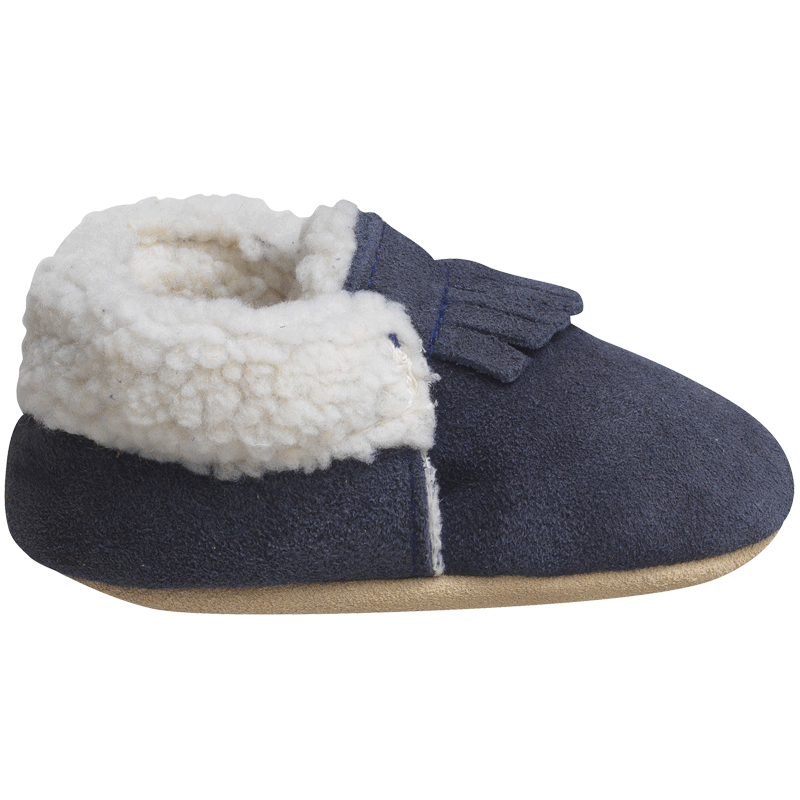 Chaussons cuir enfant fourrés  à franges coloris marine vue de profile