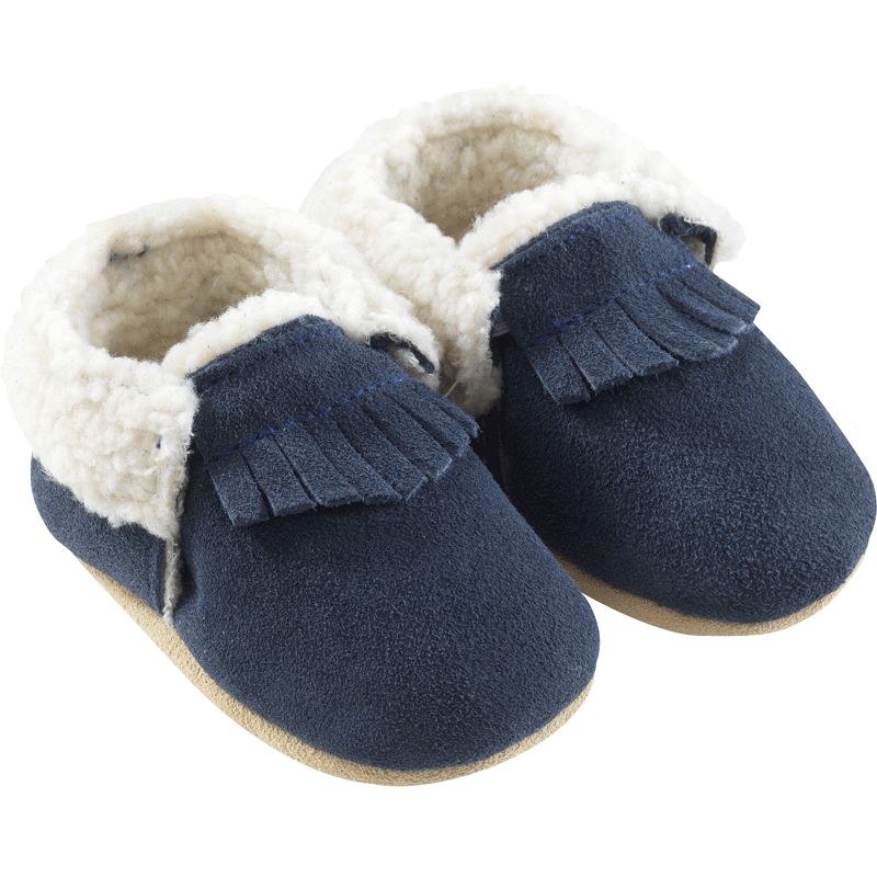 Chaussons enfants cuir souple fourrés bleu marine avec franges