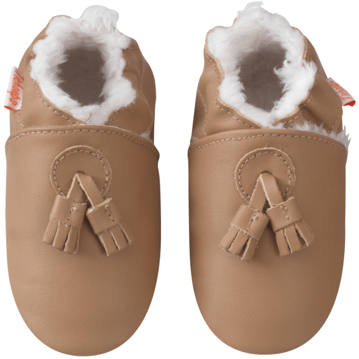 Chaussons cuir souple bebe pampilles fourrés café vue de face