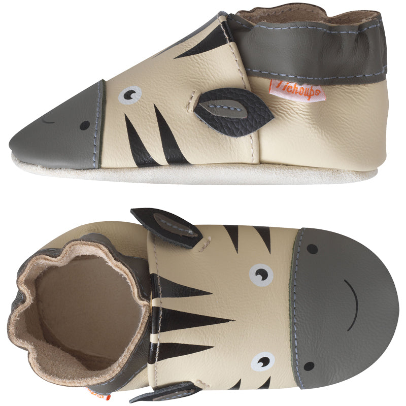 Chaussons bebe cuir souple Zack le zèbre vue de profil