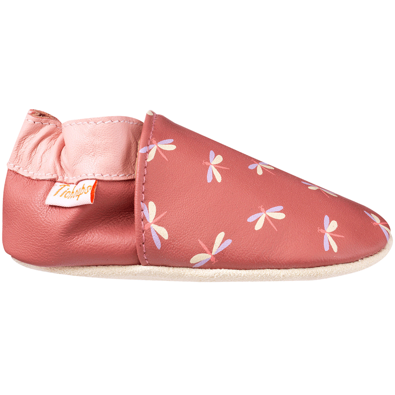 chaussons cuir enfant fond rose imprimé libellules vue de profil