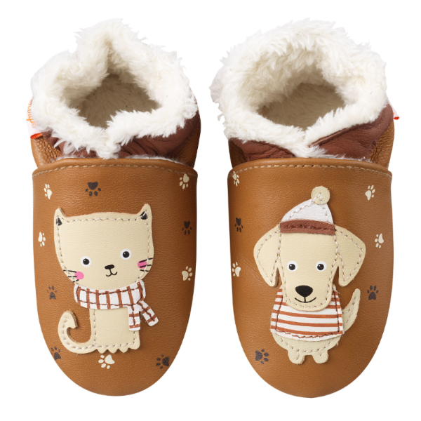 Chaussons fourrés cuir souple enfant marron avec motifs chat et chien