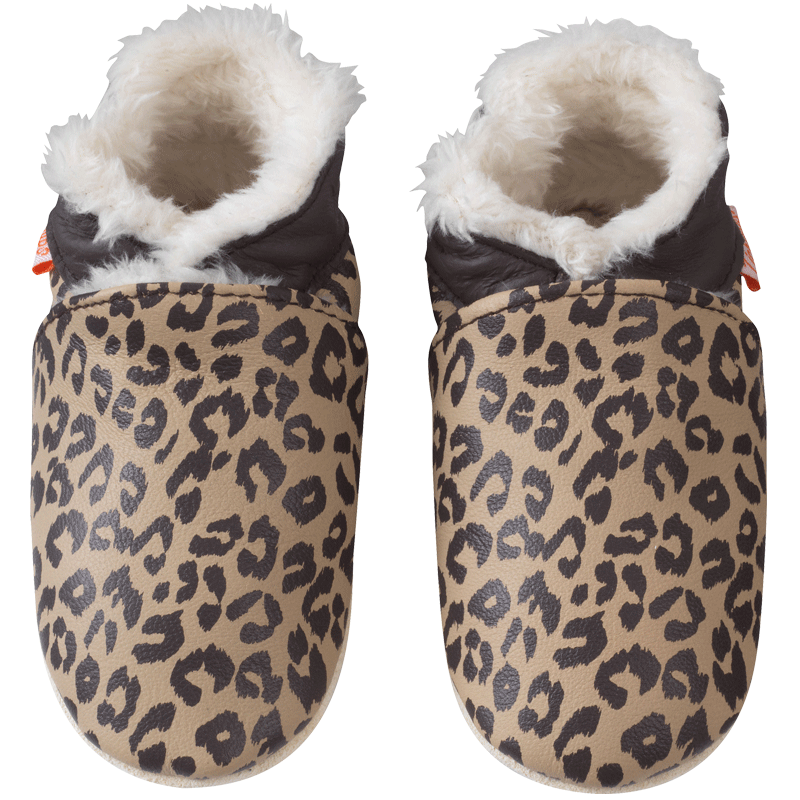 Chaussons en cuir souple fourrés Elie le léopard vue de face