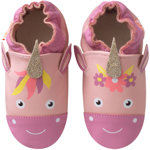 Photo des chaussons cuir souple enfant Lise la licorne vue de face.