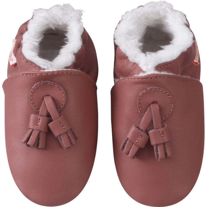 Chaussons cuir souple uni pampilles fourres havane vue de face