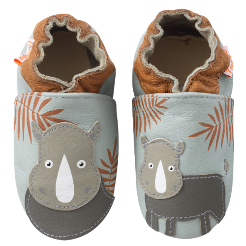 chaussons cuir enfant bleu clair imprimés rhinocéros vus de face
