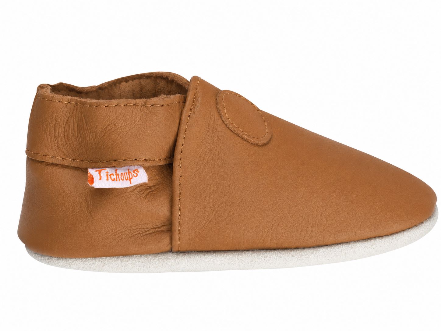 Chaussons en cuir souple pour enfant coloris café vue de profil