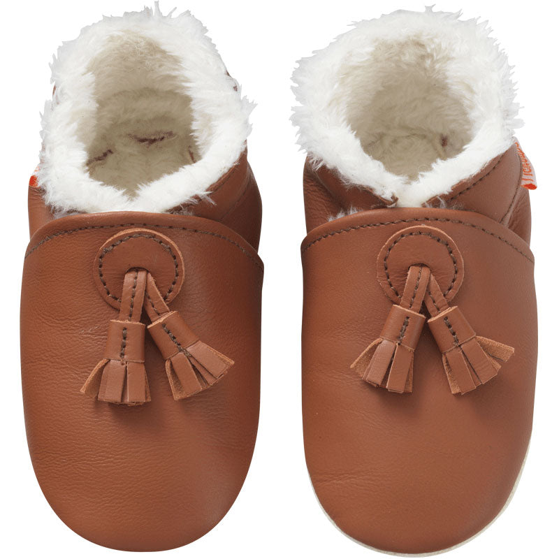 Chaussons cuir souple uni pampilles fourres marron  vue de face