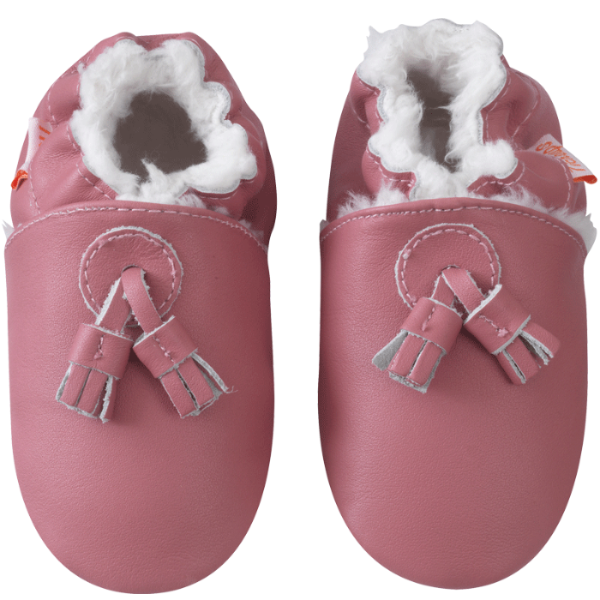 Chaussons cuir souple uni pampilles-fourres rose velours vue de face