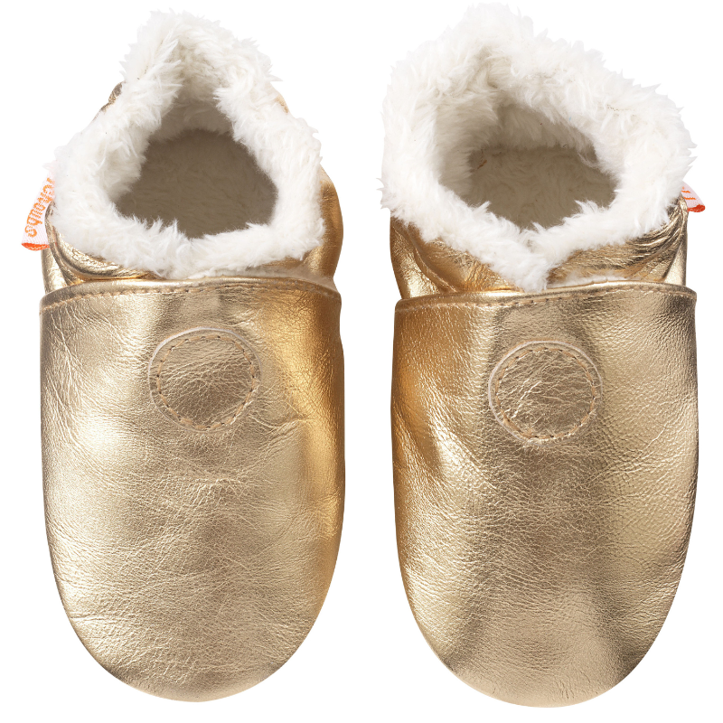 Chaussons cuir souple fourrés uni doré vue de profil