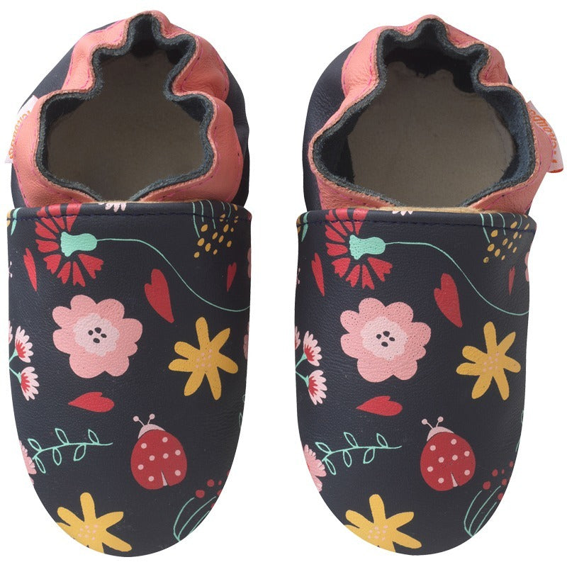 chaussons en cuir enfant à fleurs vue de face