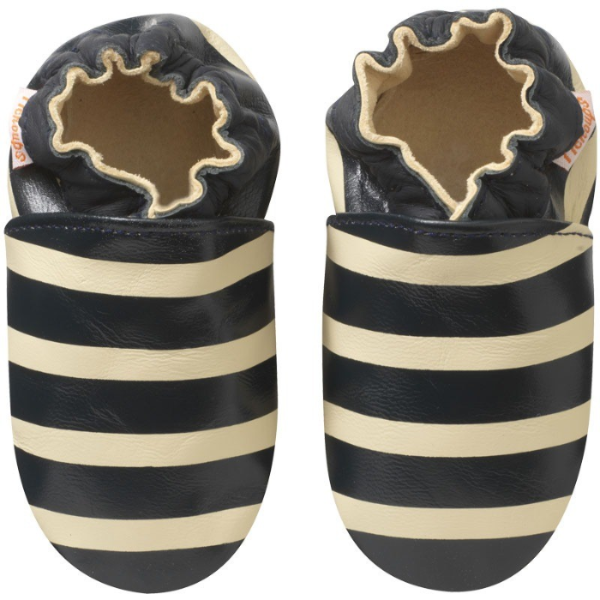 Photo des chaussons bebe cuir souple  marcel raye marine à franges vue de face.
