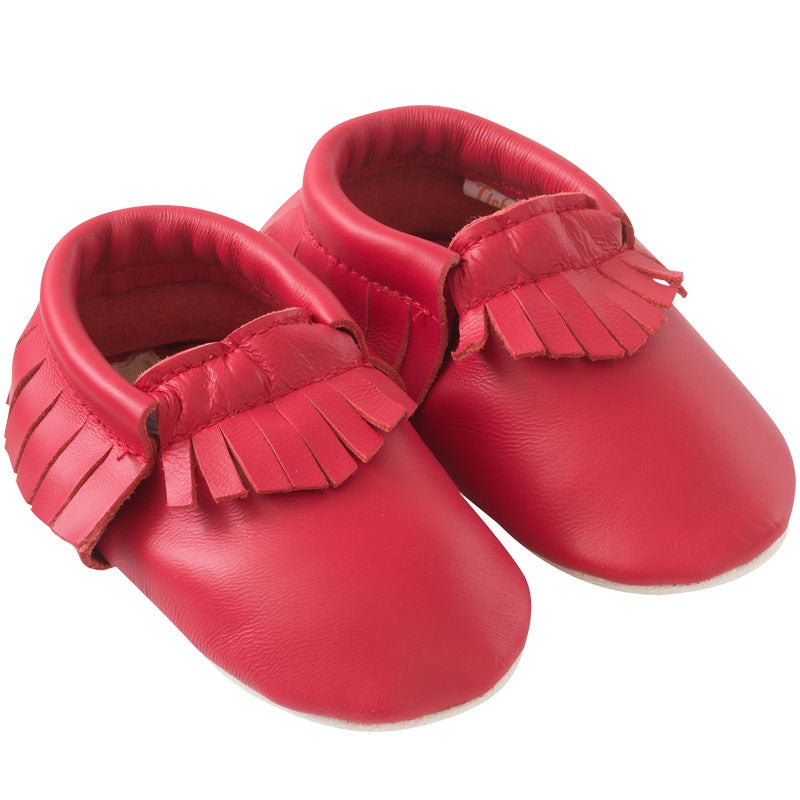 Chaussons-bebe-à-franges-rouge-cerise-profil