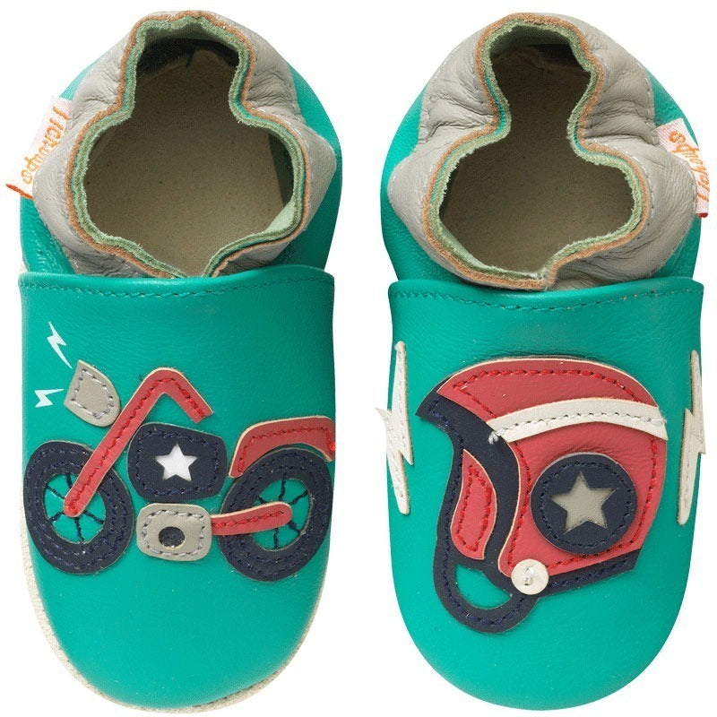 Chaussons en cuir souples bébé, enfant et adulte - Bleus et étoiles taupes