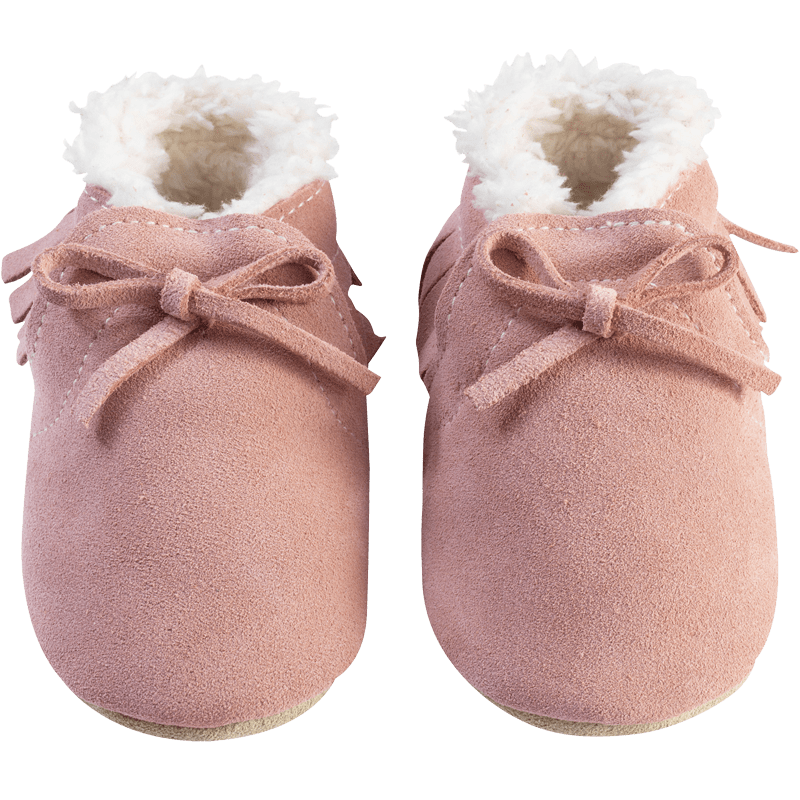 chaussons-bebe-a-franges-fourres--mocassin-rose-face