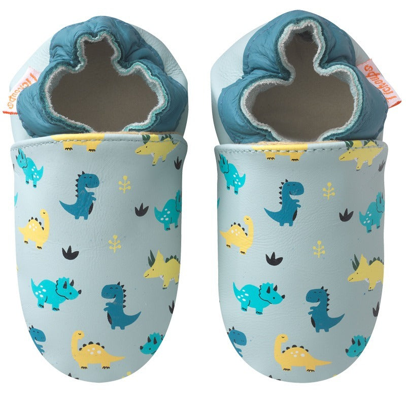 Chaussons cuir souple, chausson cuir bébé, chaussons cuir enfants tracteur  fond bleu