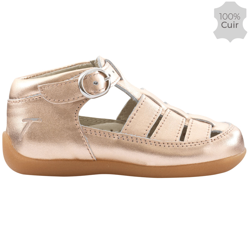 sandales premiers pas bebe fille dessus cuir brides metallisees rose  chaussures de parc bebe