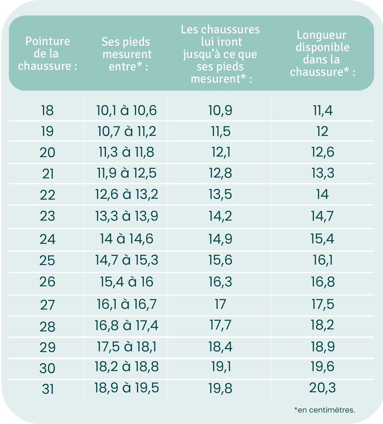 correspondance taille pied cm